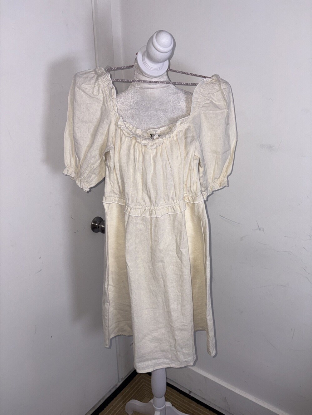 Speechless Cream Linen Blend Milkmaid Dress Puff Sleeve Ruffle Square Neck Sma